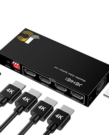 HDMI Splitter 1 in 4 Out, JCHICI HDM1 Switcher Splitter 4K@60Hz 4:4:4, HDMI Spliter for Dual Monitors, EDID Control, Compatible with Xbox PS4 Blu-Ray Player HDTV (1 Source onto 4 Displays)