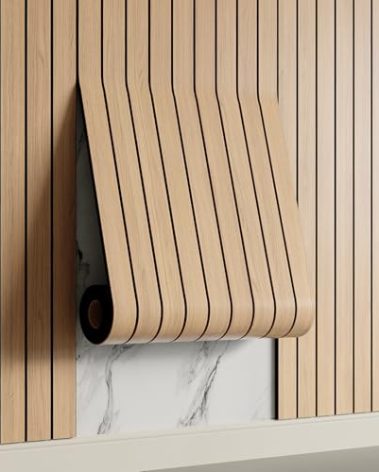 Yutianli PVC Slat Wall Panel Peel and Stick 236"x 15.7" Faux Wood Slat Panel Artificial Oak Wood Grain Self-Adhesive Soundproof 3D Wall Panel for Walls and Ceilings