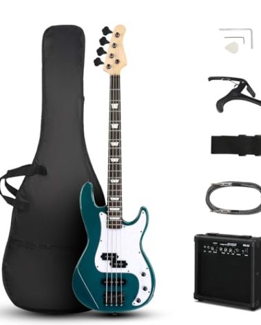 Ktaxon 4 String Electric Bass Guitar, PB-Style Full Size Standard Right Handed Beginner Kit with 20W AMP, Gig Bag, Strap, Upgrade Cable, Guitar Capo for Youths & Adults (Lake Blue)