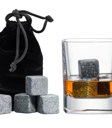 Set of 9 Grey Beverage Chilling Stones [Chill Rocks] Whiskey Stones for Whiskey and Other Beverages - in Gift Box with Velvet Carrying Pouch - Made of 100% Pure Soapstone - by Quiseen