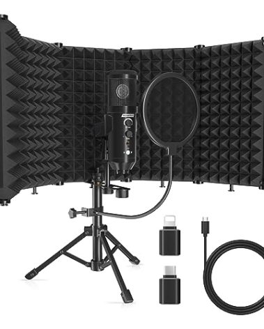 SwaykTech Studio Recording Microphone Isolation Shield with Pop Filter and Metal Tripod Stand, Studio Mic to PC Laptop Smartphone, Music Microphone for Recording Singing Podcasting