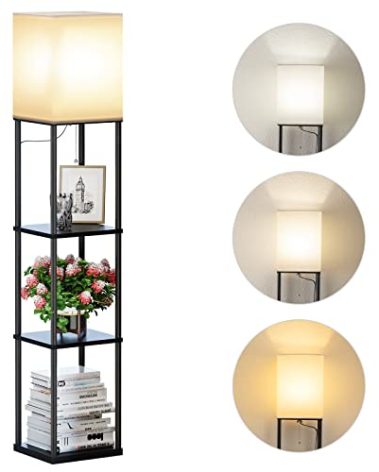 SUNMORY Floor Lamp with Shelves, Modern Square Standing Lamp with 3 Color Temperature Bulb, Corner Display Bookshelf Lamp for Living Room and Bedroom(Black)