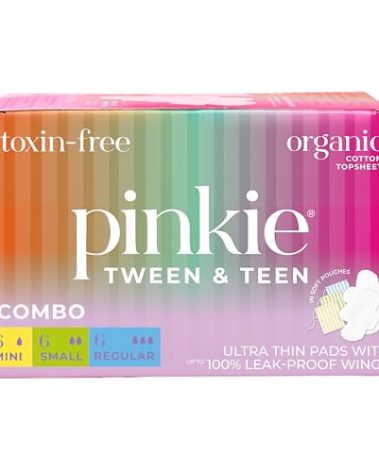 Pinkie Period Starter Pads - Designed for Smaller Underwear - Organic Cotton Topsheet Tween & Teen Pads with Wings - Chlorine Free & Fragrance Free - Teen Combo Pack, 18 Count