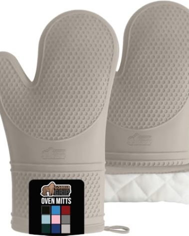 GORILLA GRIP BPA-Free Soft Silicone Oven Mitts, Heat Resistant and Waterproof Cooking Gloves, Thick Cotton Lining, Flexible Gripping for Baking Grilling, Kitchen Potholders Set of 2, 12.5x8.3, Almond