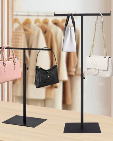 Vietrey Purse Display Stand T Shaped, Countertop Jewelry/Scarf/Handbag T-Bar Display Stand, Tabletop Double Hook Hanging Stands for Long Necklaces, Metal with Adjustable Height (Black, 2Pcs)