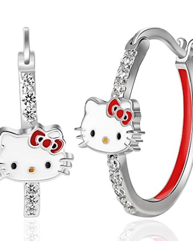 Sanrio Hello Kitty Womens Hoop Earrings - Cubic Zirconia and Enamel Plated Hello Kitty Earrings Officially Licensed