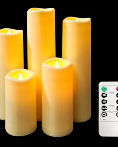 YIWER LED Outdoor Flameless Candles - Set of 5 Battery Operated Candles with 10-Key Remote Ivory Flickering Plastic Pillar Candles for Wedding, Table, Festival, Halloween, Christmas Decorations