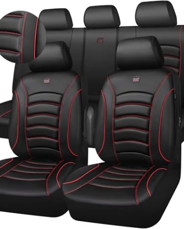 CAR PASS 3D Foam PU Leather Car Seat Covers, Universal Seat Covers Full Sets for Trucks SUV Sedan Automotive Seat Covers Armrest Airbag Compatible Waterproof Comfortable Faux Nappa Leather Black Red