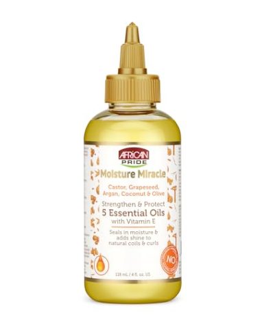 African Pride Moisture Miracle 5 Essential Hair Oils with Vitamin E | Moisture, Shine, Protection, and Growth | Argan, Castor, Grapeseed, Coconut, and Olive Oil | 4 oz