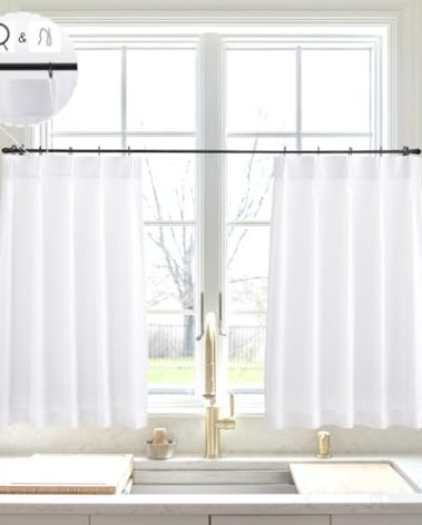 LIMON HOME White Linen Kitchen Curtains 30 inch Length Pinch Pleat Cafe Curtains