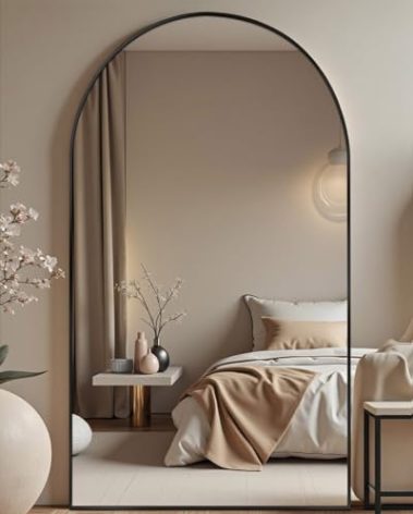 DMWOODFL 71"x30"Arched Full Length Mirror - Extra Large Floor/Wall Mounted, Shatterproof Glass & Aluminum Frame with Stand for Bedroom, Living Room, Entryway,Black