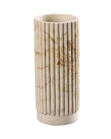 Cylinder Vase 8 Inch - Natural Travertine Textured Ribbed Resin Vase for Pampas Grass, Flowers, Home Decor | Decorative Centerpiece for Entryway, Countertop, Nightstand | Housewarming Gift (Beige)