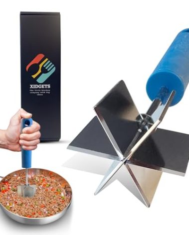 Stainless Steel Meat Masher and Tenderizer with Soft Grip Handle – Heavy Duty Handle & Mashing Head for Ground Beef, Meat, and More – Dishwasher Safe (Lagoon Blue)