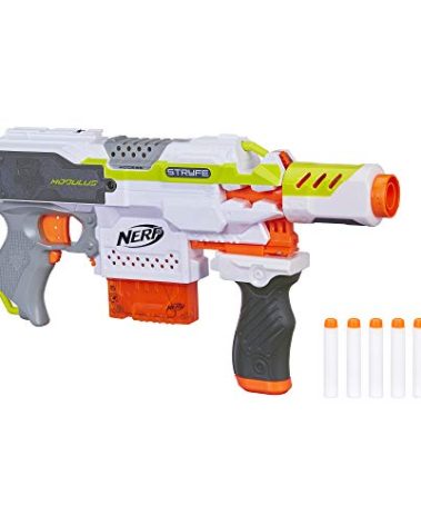 Nerf Modulus Stryfe Motorized Blaster - Fires 6 Darts in a Row - Includes Drop Grip, Barrel Extension, 6-Dart Clip, 6 Nerf Elite Darts (Amazon Exclusive)