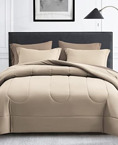 Maple&Stone California King Size Comforter Set 7 Pieces Bed in a Bag - Down Alternative Bed Set with Sheets, Pillowcases & Shams, Soft Reversible Duvet Insert, Beige