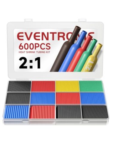 Eventronic 600PCS Heat Shrink Tubing 2:1, Electrical Wire Cable Wrap Assortment Electric Insulation Heat Shrink Tube Kit with Box(5 colors/12 Sizes), Black, Red, Blue, Yellow, Green