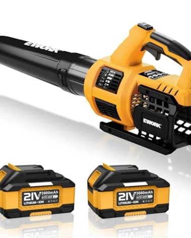 EWORK 21V Cordless Leaf Blower, Powerful Turbo Mode & 550 CFM, 2×3.0Ah Batteries & Fast Charger, Lightweight Electric Leaf Blowers for Lawn Care, Patio, Leaves & Dust