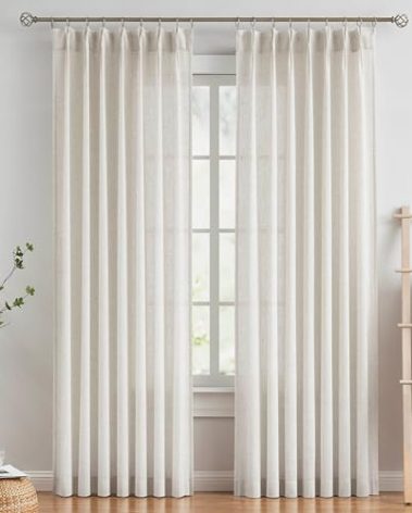 Vision Home Natural Pinch Pleated Semi Sheer Curtains Textured Linen Blended Light Filtering Window Curtains 95 inch for Living Room Bedroom Pinch Pleat Drapes with Hooks 2 Panels 42" Wx95 L