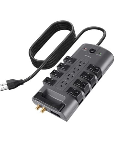Belkin Surge Protector Power Strip w/ 8 Rotating & 4 Standard Outlets - 8ft Sturdy Extension Cord w/ Flat Pivot Plug for Home, Office, Travel, Desktop & Charging Brick - 4320 Joules of Protection