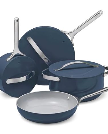 Caraway Non-stick Ceramic Cookware Set (12 Piece) Pots, Pans, Lids and Kitchen Storage - PFAS & PFOA Free - Oven Safe Pan Set & Compatible with All Stovetops - Navy