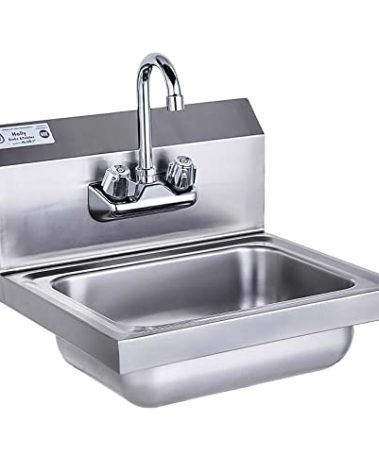 HALLY Stainless Steel Sink for Washing with Faucet, NSF Commercial Wall Mount Hand Basin for Restaurant, Kitchen and Home, 17 x 15 Inches