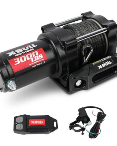 X-BULL New 12V DC 3000LBS IP68 Waterproof Electric Winch for Towing ATV/UTV, Boat, Off Road, Wireless Remote and Corded Control Recovery, Portable Synthetic Rope Electric Winch with Hawse Fairlead.
