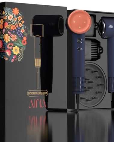 AINA Hair Dryer,Blow Dryer with Diffuser Brush Comb for Women - BLDC Hair Dryer - Brushless Motor, 110,000 RPM Lightweight,Ionic Travel, 3 Magnetic Attachments 110V/ALCI(Blue Golden)
