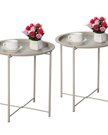 VECELO Side/End Table, Folding Round Metal Anti-Rust and Waterproof Outdoor or Indoor Tray for Living Room Bedroom Balcony and Office, 2 PCS, Grey