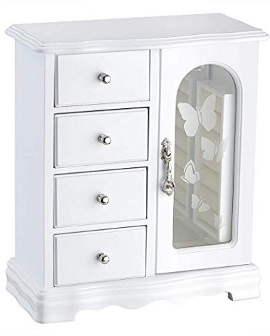 RR ROUND RICH DESIGN Jewelry Box - Made of Solid Wood with 4 Drawers Organizer and Built-in Necklace Carousel and Large Mirror White