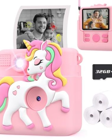 Kids Camera Instant Print with Silicone Cover, Creative Gifts for Girls Age 4-12 Birthday Christmas, 1080P Digital Camera Toy with 32GB SD Card - Pink