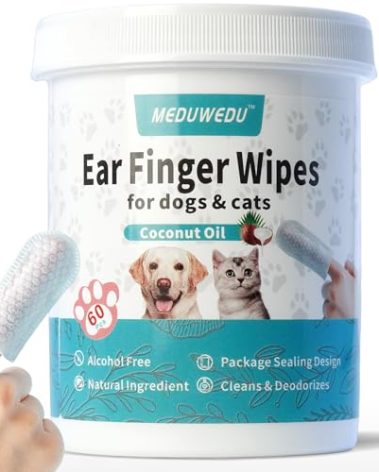 MEDUWEDU Ear Cleaner Finger Wipes 60 Counts, Dog Ear Cleaner, Grooming Kit Care for Dogs and Cats, Soft & Easy Otic Cleaning Pads, Remove Wax, Dirt & Stop Smelly, Itchy, Non-Irritating, Coconut Scent