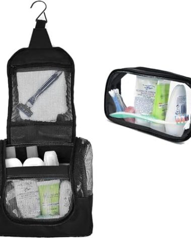 The Fine Living Co. Portable Hanging Shower Caddy Organizer Bag (Free Toiletries Case+Metal Hook) Quick Dry Mesh Shower Caddy Tote Bag Pouch For Bathroom College Dorm Camp Gym Camping 10”x4”x8”(Black)