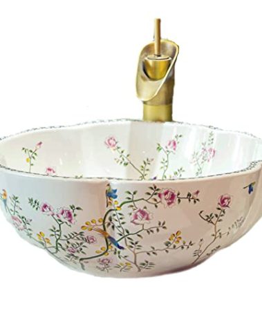 Ceramic Bathroom Vessel Sink Bowl White Color Art Above Counter Vanity Wash Basin with Flower Shape and Flower Bird Pattern,1Sink Only