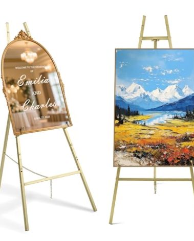 Gold Easel Stand for Sign- 4 Tier Heavy Duty Metal Display Easel Stand for Paintings, Posters, Wedding Show,Pictures, Welcome Signs,with Adjustable Chain Easel for Wedding Sign