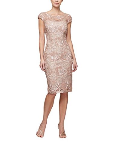 Alex Evenings Women's Short Floral Embroidered Cocktail Sheath Dress, Wedding Guest, Formal Gown (Petite and Regular Sizes), Rose Gold, 14
