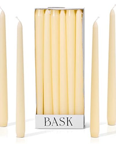 Bask 10-inch Taper Candles - Unscented and Dripless - Burns for 8 Hours - Home Decor for Dinner Table, Kitchen, and Bedroom - Perfect for a Romantic Date or Anniversary - 12-Pack - Ivory