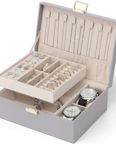 Vlando 2 Layer Jewelry Box Large Jewelry Organizer for Women Removable Jewelery Tray with Watch Pillow for Necklace Earrings Rings Bracelets Gifts for Couples Mom Friends, Bridesmaid (Grey)