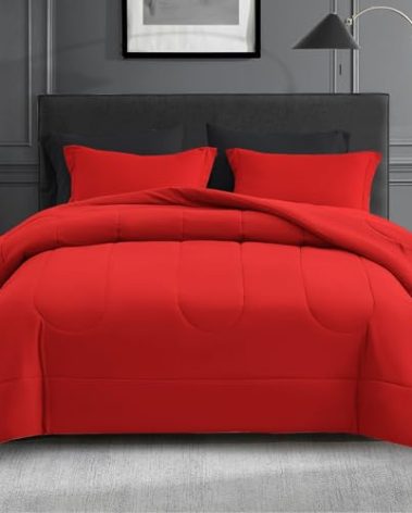 Maple&Stone California King Size Comforter Set 7 Pieces Bed in a Bag - Down Alternative Bed Set with Sheets, Pillowcases & Shams, Soft Reversible Duvet Insert, Black and Red
