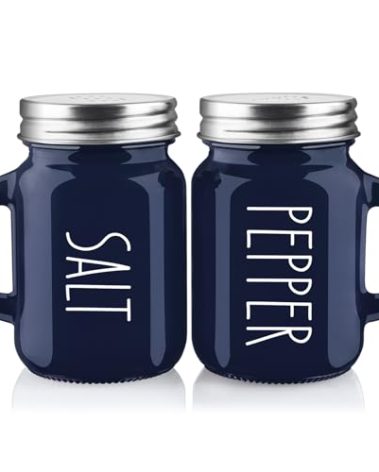 Navy Blue Salt and Pepper Shakers Set, 4 oz Cute Modern Glass Shaker Sets with Stainless Steel Lids, Blue Kitchen Decor and Accessories for Home Restaurants Weddings