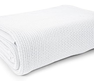 Linteum Textile Supply White Hospital Thermal Blanket 66x90 Inch 100% Cotton, Soft and Cozy, Breathable, Open-Cell Weave Design, All Season Twin Hospital Blanket (1-Pack)