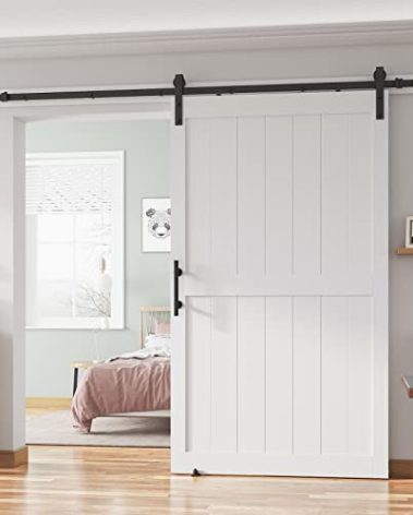 ALAMEDADT 48''x84'' Sliding Barn Door with 8 Ft Barn Door Hardware Kit& Handle& Floor Guides,Pre-Drilled Holes Easy Assembly - Include Installation Manual, Water-Proof PVC Surface, H-Frame, White