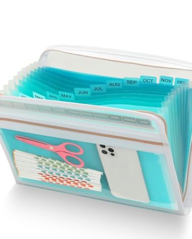 H4D 13 Pocket Expanding File Folder Organizer with Front Clear Pounch, Accordion File Organizer with Zipper Clourse, Fit for Letter Size Papers, Teal