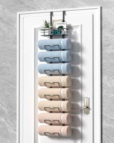 Xstydes 9-Tier Over The Door Towel Rack,Towel Racks for Bathroom, Metal Towel Holder with Storage Basket,Towel Storage for Small Bathroom,Towel Rack for Rolled Towels,Black