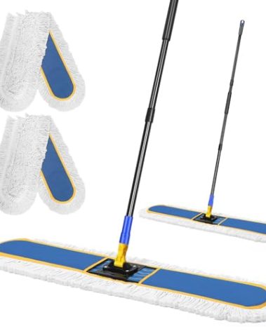 36" Commercial Industrial Dust Mop for Floor Cleaning with Replacement Mop Pads, Heavy Duty Wet Dry Large Mops for Cleaning Floor Office Garage Hardwood Warehouse Factory Mall (Blue, 36 inch mop)