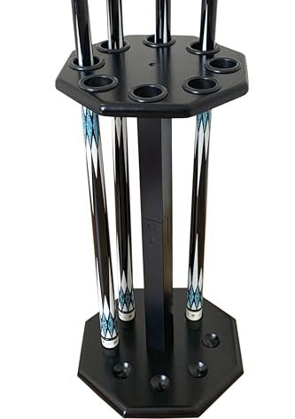 GACCO BILLIARDS Freestanding Billiard Cue Rack, Pool Table Accessories Hold 8 Cues, Pool Cue Stick Holder, Wooden Floor Stand Pool Cue Holder for Billiard Game Room (Black)