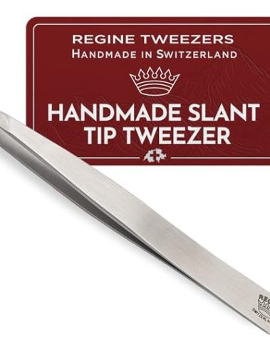 Regine Switzerland Professional Tweezers Slant Tip - Etched Tip Brow and Eyebrow Tool for Men and Women - Precision Tweezers for Fine Hair, Chin, Lash Extensions - Stainless Steel Handmade Beauty Tool