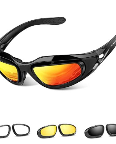 BELINOUS Polarized Motorcycle Riding Glasses Goggles for Men Foam Padding, Windproof Anti-dust Sunglasses w/ 4 Interchangeable Lens Kit & Case, Protective Eyewear for Driving Biking Day and Night