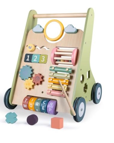 Wooden Baby Walker with Wheels, Baby Walker for Boys 6-12 Months Push Toy, Montessori Walking Toys for 1 Year Old Activity Center