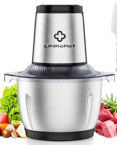 LINKChef Food Processor Small, 6 Cup Food Chopper with Container, 1.5L 250W Electric Meat Grinder for Home Use, Stainless Steel Mini Food Processor for Kitchen, Vegetable, Onion, Garlic, Salad