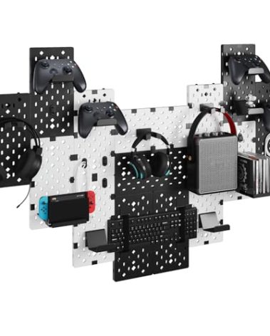 PEGZONE Controller and Headphone Holder Wall Mount, Modular Gaming Pegboard with Accessories, Controller Stand for Xbox PS5 PS4 Switch, Video Game Storage, Disc Shelf, 14pcs Pegboard, Black & White